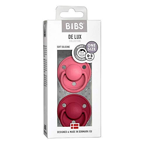 De Lux Soother 2-Pack, BPA Free Dummy Pacifier, Round Nipple. Silicone, OneSize (0-36 Months), Coral/Ruby 2