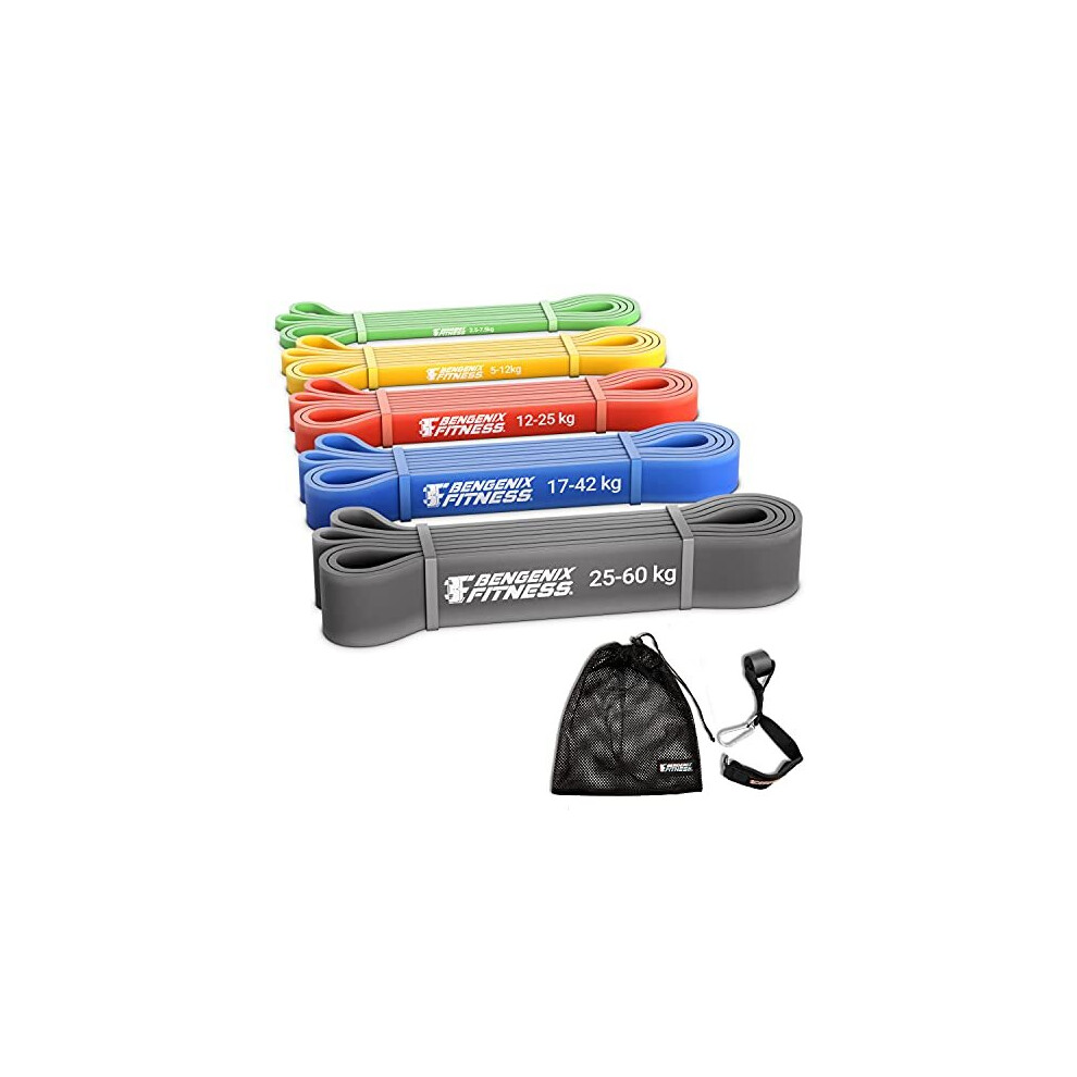Bengenix Resistance Bands Pull Up Assist Loop Set of 5 with Door Anchor, Gym, Flexibility, Fitness, Strength Training Men, Women, Carry Bag.