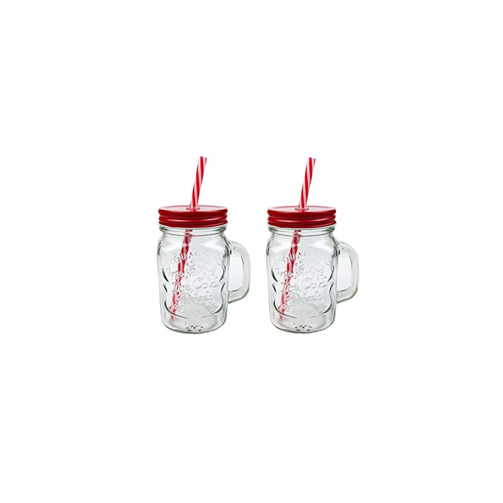 2 X 500ml Glass Mason Drinking Jars Bottles Party Drink Glasses + Lids And Straws (2 X Red)