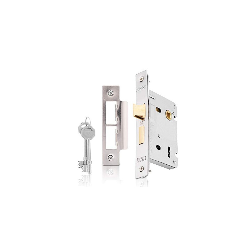 XFORT 3 Lever Polished Chrome Mortice Sashlock 75mm, Door Lock with Key for Internal and External Doors, Door Latch Mechanism and Key Locking Door