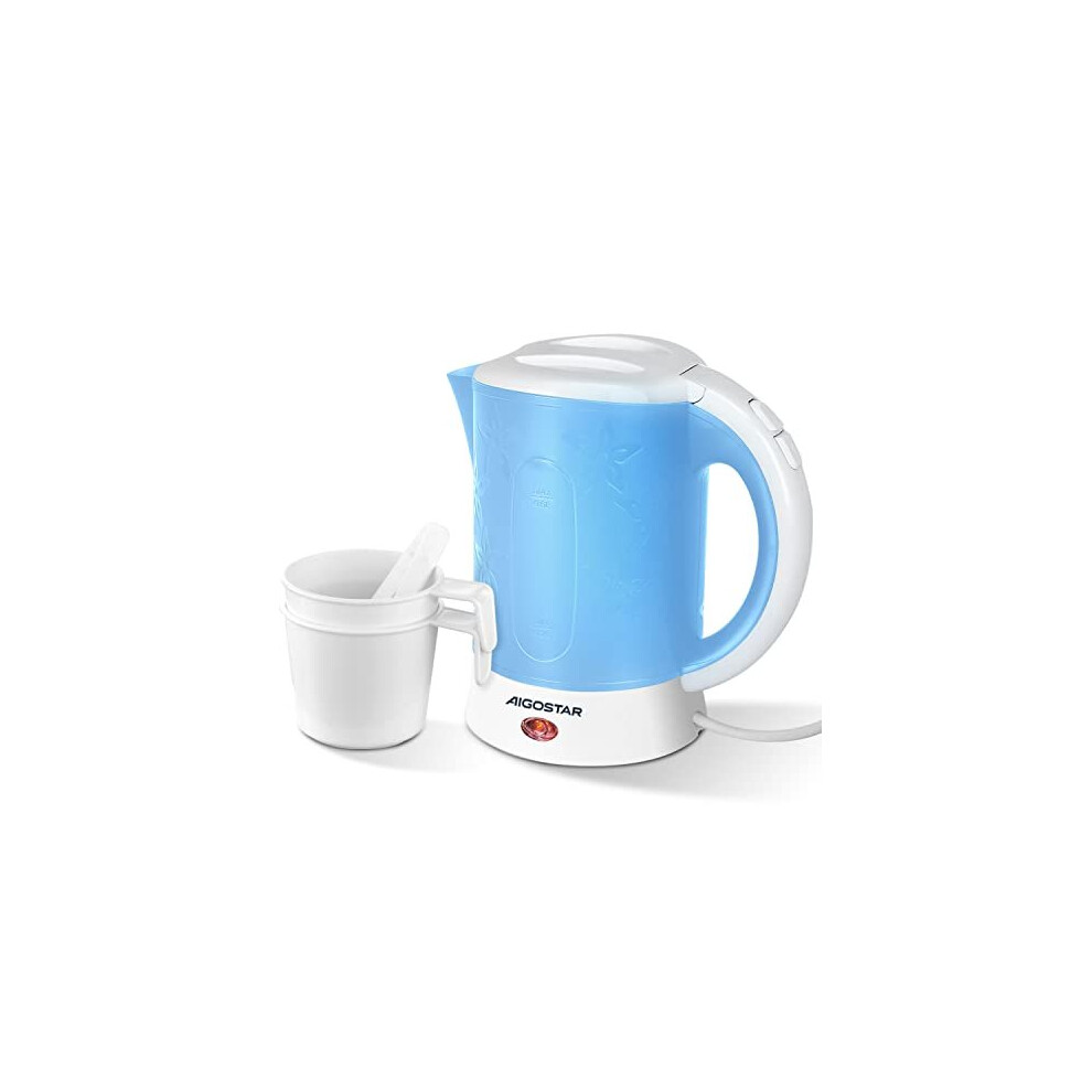 Small Travel Kettle Electric, 650W 0.6 Litre Lightweight Kettle, Low Wattage Mini Portable Kettle with 2 Cups and 2 Spoons for Seniors Elderly Camping