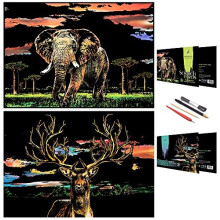 Scratch Painting Art Paper,Animal Series Scratchboard for Kids & Adults, Gifts&Arts Craft Kits with 4 Tools,Size:16''x11'' (Elephant & Deer)