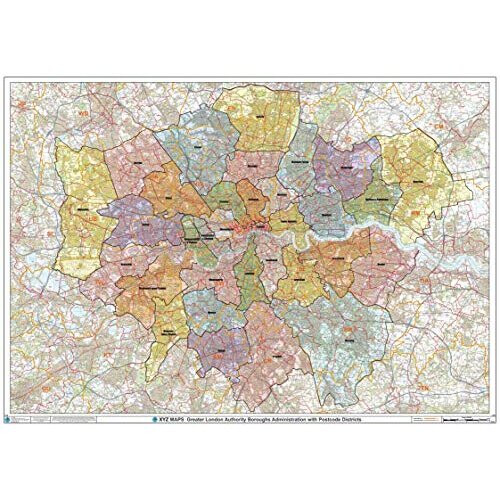 Greater London Authority Boroughs with Postcode Districts Wall Map - 47" x 33.25" Paper