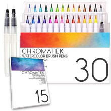 30 Canetas de Aquarela, 15 Páginas de Tutorial e Vídeos Online da Chromatek. Ponta de Pincel Real. Profissionais.
