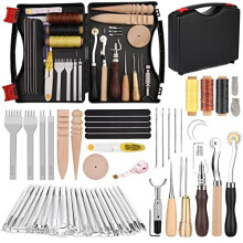 50 Pieces Leather Tools Kit, Leather Tools and Supplies, Leather Working Kits Supplies with Leather Tool Box Prong Punch Edge Beveler Wax Threads