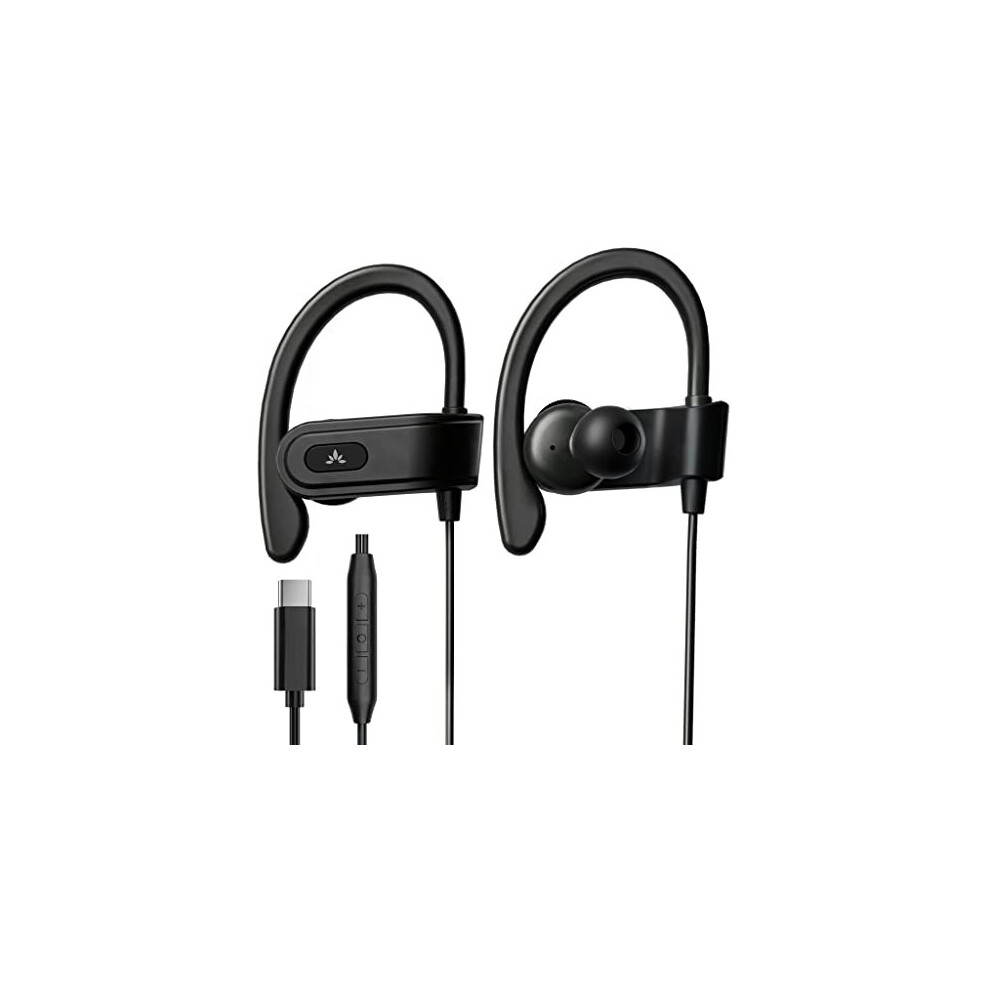 C171 - Wired USB C Headphones & Microphone for Sports and Running with Over-Ear Earbud Hooks and in-Line Volume Control, Compatible with Samsung