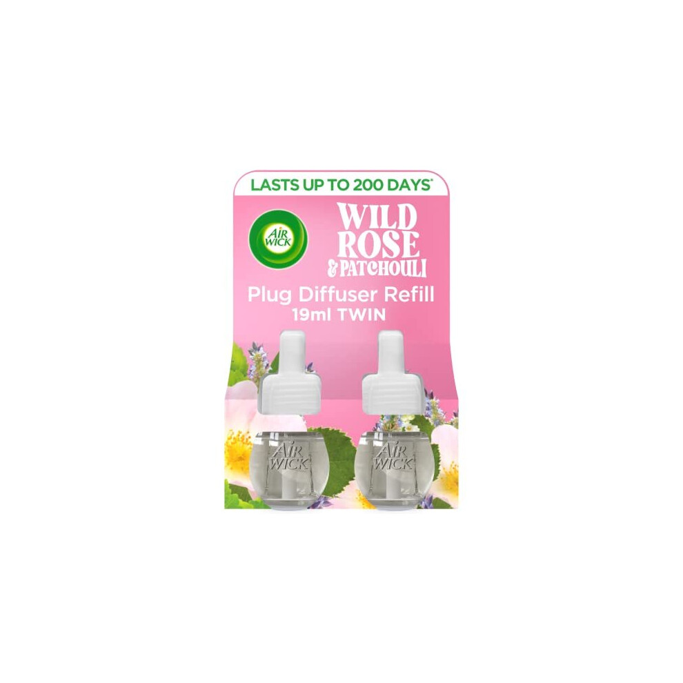 Air Wick Air Freshener Plug In Diffuser Refill| Room Air Freshener|Fragrance : Wild Rose And Patchouli| Contains : 2 X 19Ml| Usage: Lasts Upto 500 Days (100