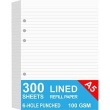 (3-Pack) A5 Lined Refills Paper for Filofax Planner/Binders/Organizer, 6 Hole Punched Loose Leaf Paper, Total 300 Sheets/600 Pages, 100gsm, White, 148