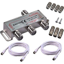 TV Aerial Splitter 3 Way Satellite Splitter F Type Splitter 5-2500MHz with 2 * 1.5m Coax Cable 3 x F plug on coax plug + 4 x F socket on coax coupling