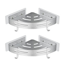 Bathroom Corner Shelf No Drilling,Adhesive Shower Caddy Basket with 4 Hooks,Rustproof Aluminum Storage Rack,Wall Mounted Shower Organiser for Bathroom