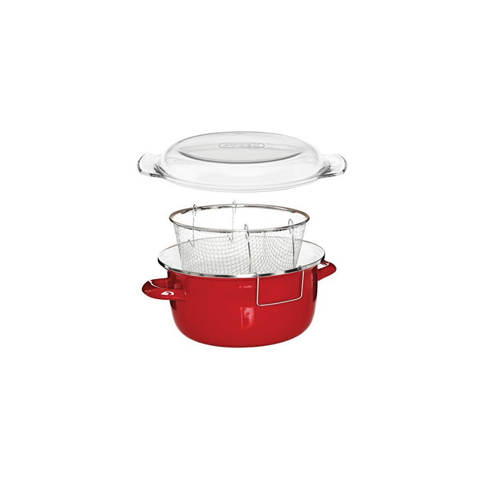 Housewares 5L Deep Fat Fryer Enamel Chip Pan Fryer Glass Lid Chip Fryer Deep Frying Pan Red Deep Fryers Fryer Basket Small Fryer 16x33x27