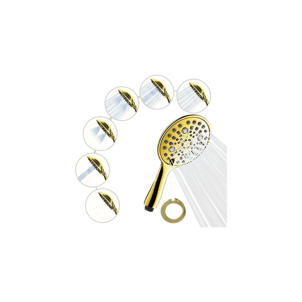 6-Function High Pressure Shower Head - 6" Wide Angle Handheld Shower Head Set with 70 Inch Long Hose - Luxury Design (6 Function, Gold)