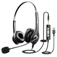 USB Headset, PC Headset with Mic with 3.5mm Jack Noise Cancelling Microphone, Lightweight Wired headphones with Mic for Call Center, Cell Phone,