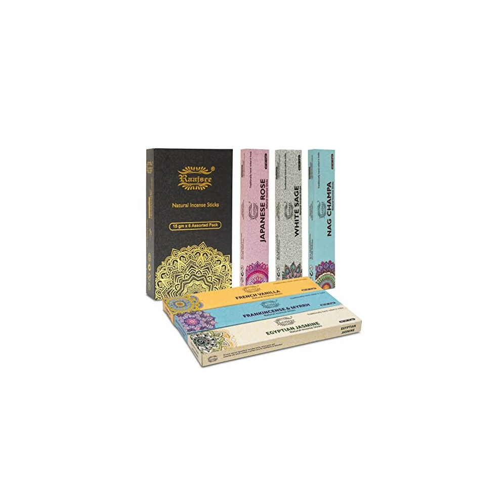 Incense Sticks 6 Pack Variety Set 15gm Each, Nagchampa -Jasmine - vanila-Japanese Rose-White Sage, 100% Organic Hand Rolled- Perfect for Yoga,