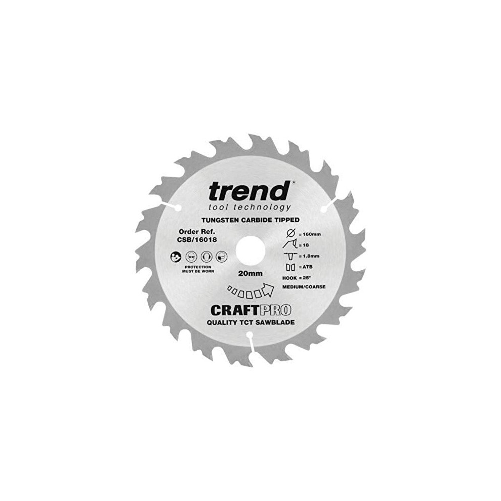 CraftPro TCT Saw Blade for Festool HKC55 & HK55 Circular Saws, 160mm x 18 Teeth x 20mm Bore, Tungsten Carbide Tipped, CSB/16018