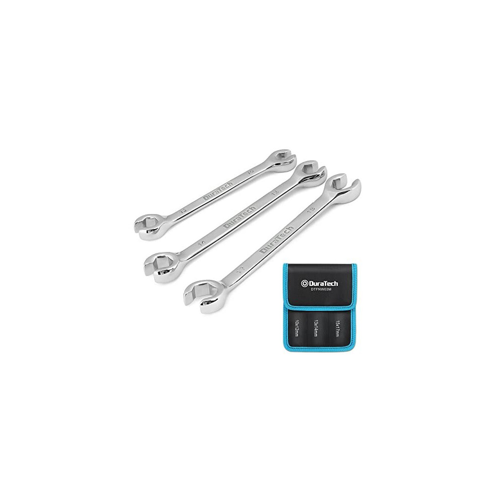 Flare Nut Spanner Set, Double End Open Ring Spanner Set, Brake Line Spanner Wrench Set, Metric, 3-Piece, 10x12mm, 13x14mm, 15x17mm, with Storage Pouch