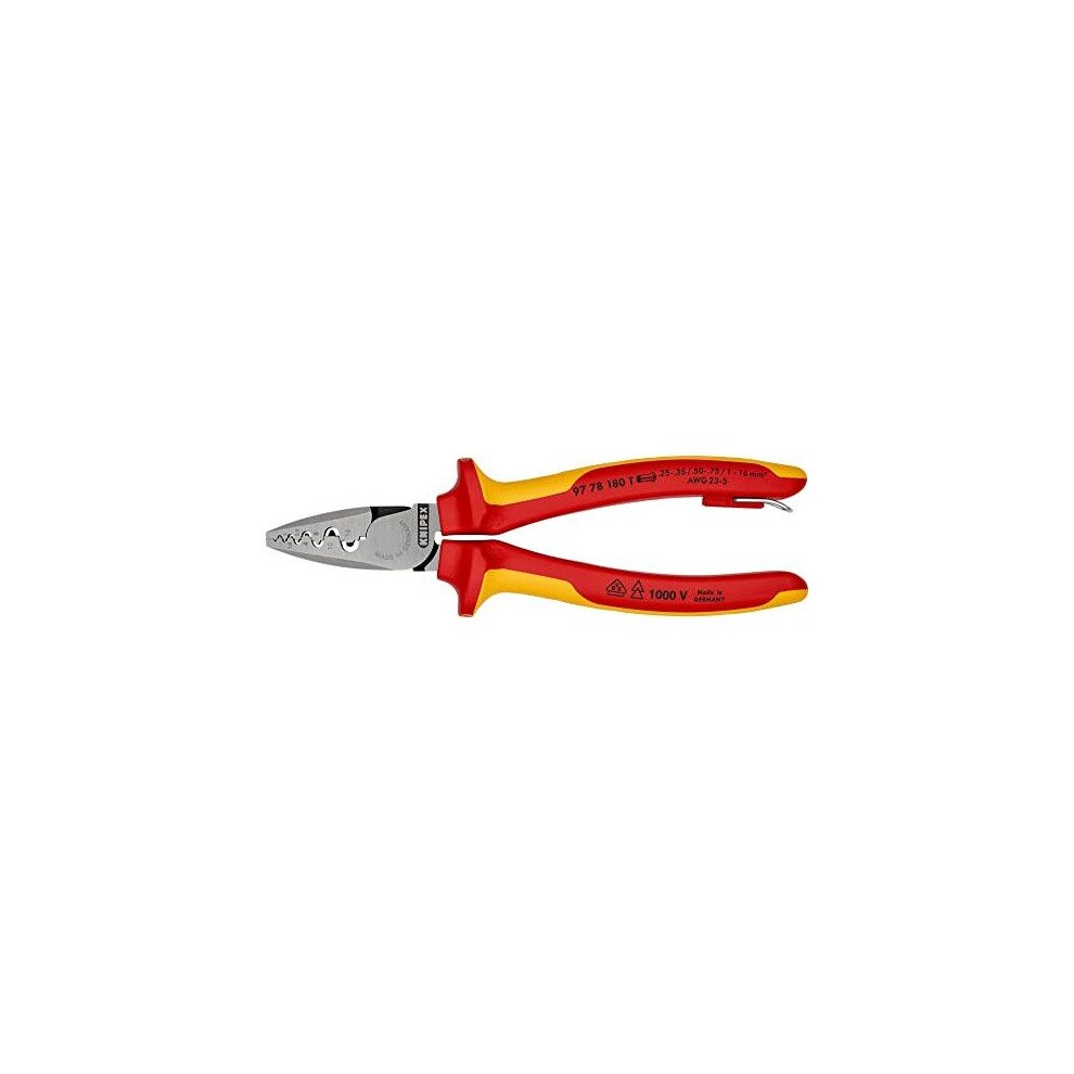 Crimping Pliers for wire ferrules insulated with multi-component grips, VDE-tested with integrated tether attachment point for a tool tether 180 mm