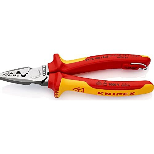 Knipex Crimping Pliers for wire ferrules insulated with multi-component grips, VDE-tested with integrated tether attachment point for a tool tether 180 mm 1