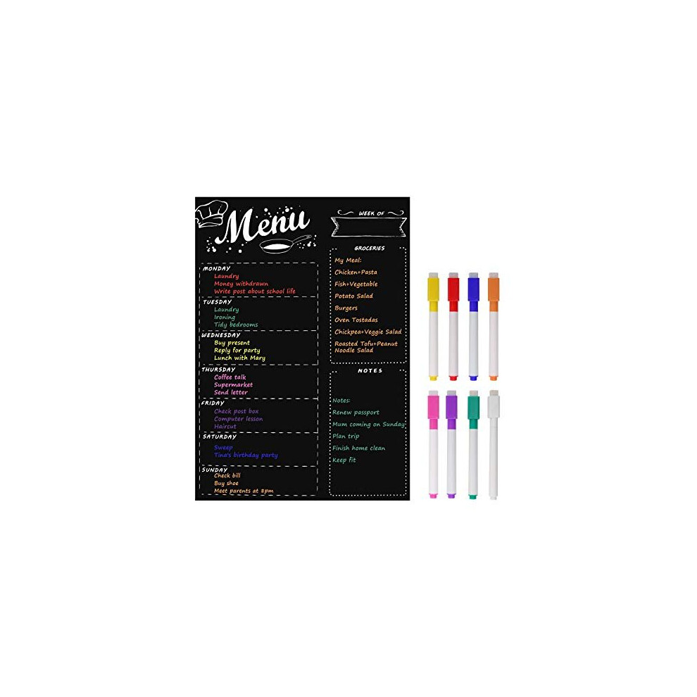 Magnetic Menu Board for Kitchen Fridge with 8 Color Chalk Markers, 16"x12" Dry Erase Weekly Meal Planner and Grocery Shopping List Notepad Chalkboard