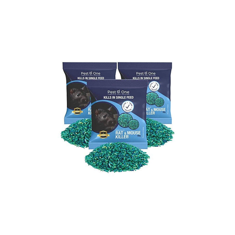 Rat & Mouse Poison Blue Grain - Kills in Single Feed Stongest Maximum Strength Rodent Killer for all weather 150g (3 x 50g)