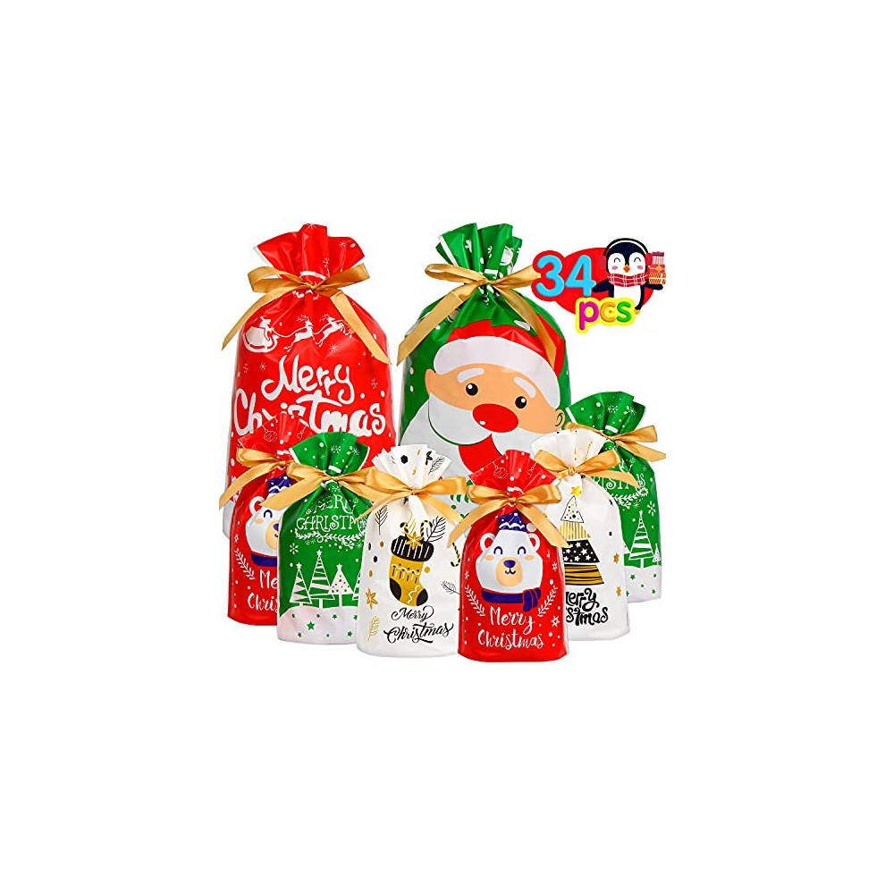 Christmas Drawstring Bags, 34 PCS Christmas Gift Bags Assorted Sizes Gift Wrapping Bag with String for Christmas Party