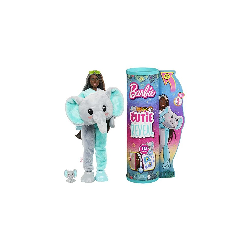 Barbie Dolls and Accessories, Cutie Reveal Doll with Elephant Plush Costume & 10 Surprises Including Color Change, Jungle Series