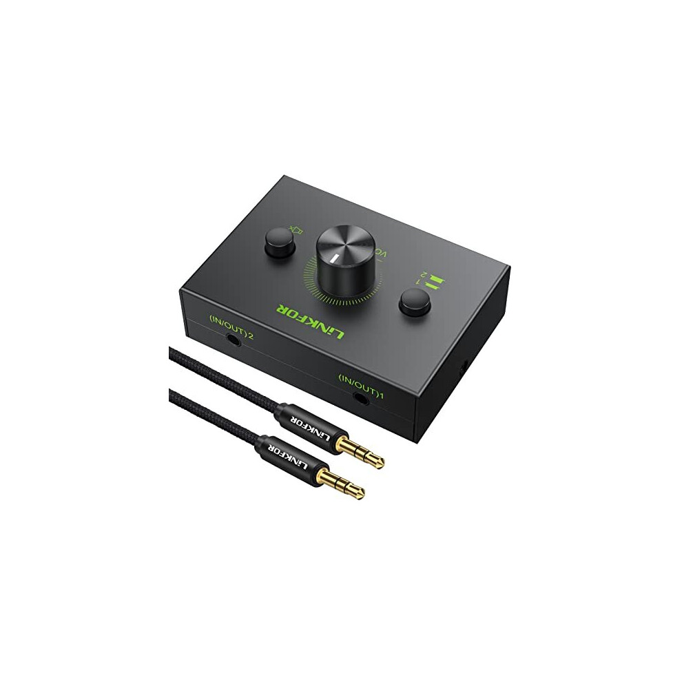 3.5mm Stereo Audio Switcher Support 1 In 2 Out or 2 In 1 Out with One-click Mute Volume Control 2 Ports 3.5mm Audio Selector for PC Phone Laptop