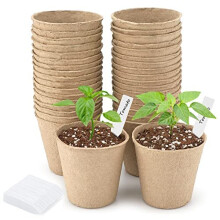 50 Pcs 8cm Fibre Plant Pots Biodegradable Seed Pots Round Seedling Pots with 100 Plant Labels for Growing Vegetables, Fruit, Herb, Flower