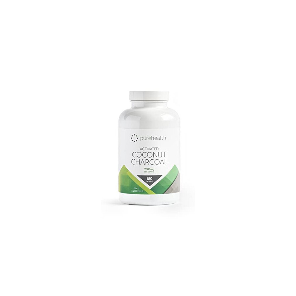 Pure Health Activated Coconut Charcoal Capsules 2000Mg Daily Serving | No Fillers/Bulking Agents | 180 Vegan Capsules | Non Gmo Coconut For Bloating, Gas,