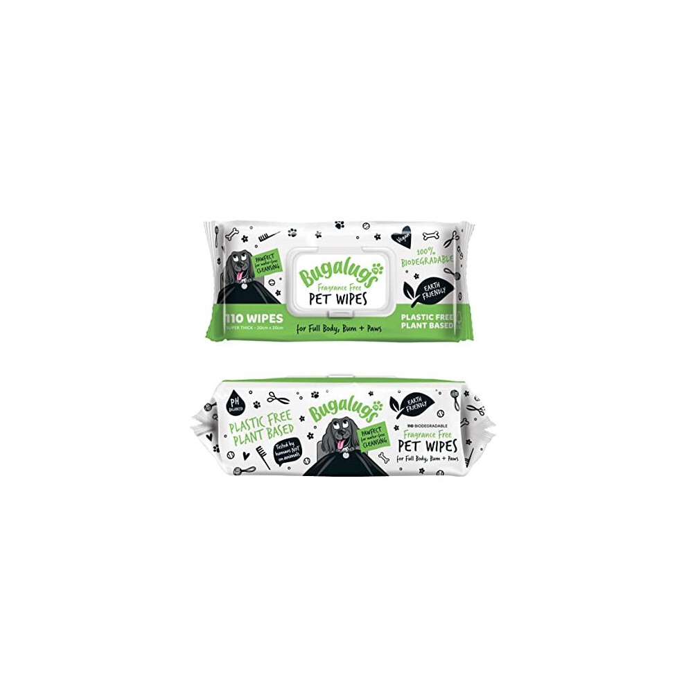 Bugalugs Dog Wipes, 100% Plastic Free Biodegradable Pet Wipes For Full Body, Eye Wipes, Ear Wipes, Bum & Paws. 110 Sensitive Dog Grooming Wipes For Dogs, Puppy