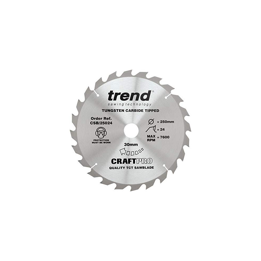 Trend Craftpro General Purpose Tct Saw Blade For Einhell & Scheppach Table Saws, 250Mm X 24 Teeth X 30Mm Bore, Tungsten Carbide Tipped, Csb/25024