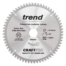 CraftPro TCT Circular Saw Blade for Mitre Saws, 216mm x 64 Teeth x 30mm Bore, Tungsten Carbide Tipped, Ideal for Cutting Aluminium & Plastic,