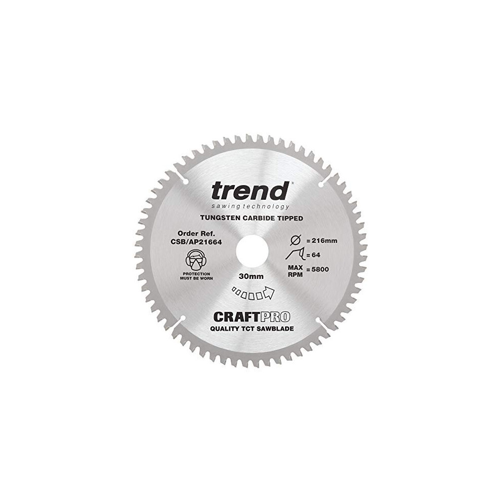 CraftPro TCT Circular Saw Blade for Mitre Saws, 216mm x 64 Teeth x 30mm Bore, Tungsten Carbide Tipped, Ideal for Cutting Aluminium & Plastic,