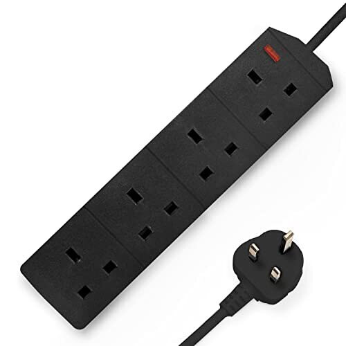 Desiretech Black Electric Extension Lead 4 Gang, 2m Long Cable UK Plug 3 Pin Socket Outlet, Wall Mounted