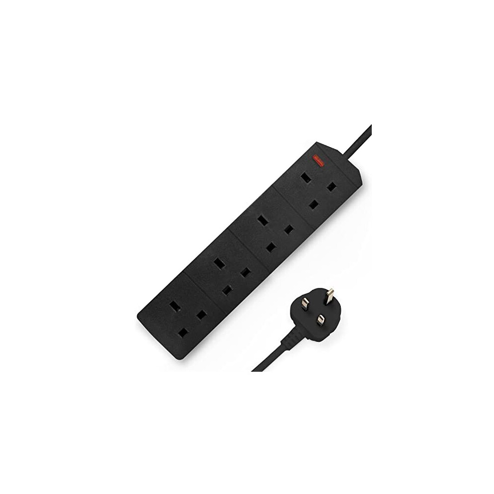 Desiretech Electric Extension Lead 4 Gang, 2M Long Cable Uk Plug 3 Pin Socket Outlet, Wall Mounted Black