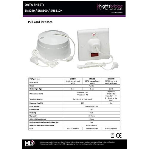 SN8310N White 45A Pull Cord Switch,Double Pole 2