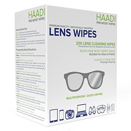 Glasses Cleaner Wipes 200 Individually Wrapped Lens Wipes Multipurpose Suitable for Spectacle Lenses, Cameras, Binoculars, Mirrors, Screens, Optical