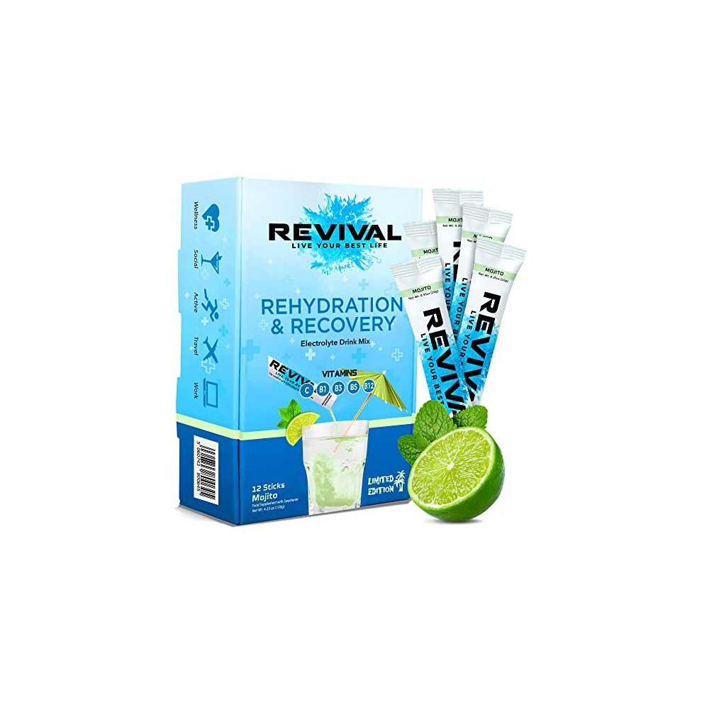 Revival Shots Revival Rapid Rehydration, Electrolytes Powder - High Strength Vitamin C, B1, B3, B5, B12 Supplement Sachet Drink, Effervescent Electrolyte Hydration