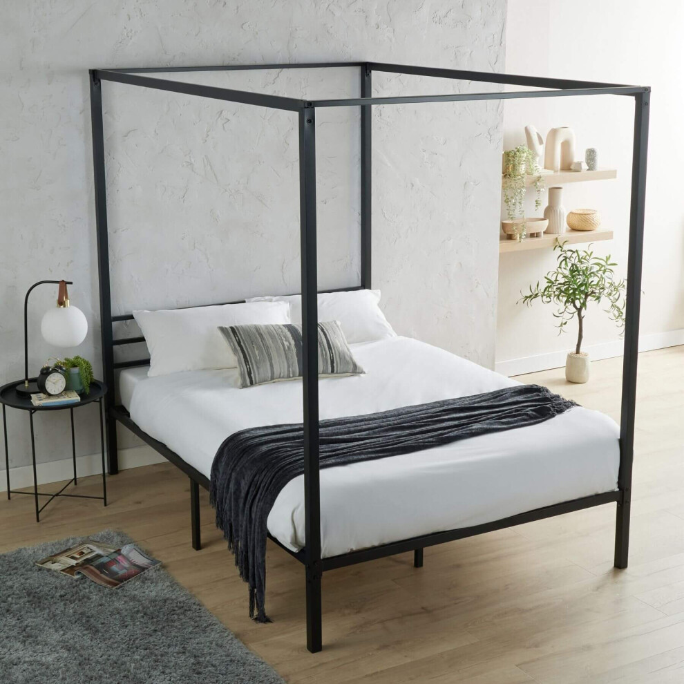 (Double) Home Source Sierra 4 Poster Black Metal Canopy Bed Frame