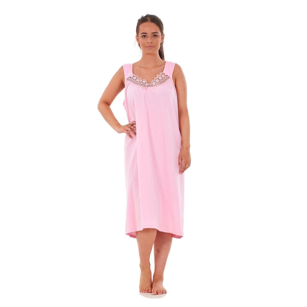 (Pink, M) Malay Ladies Nightwear V Neck Plain 100% Cotton Sleeveless Long Nightdress M to XXXL