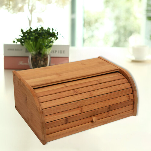 Nature Bamboo Wooden Roll Up Kitchen Bread Box Bin Storage Holder Baskets Container 1