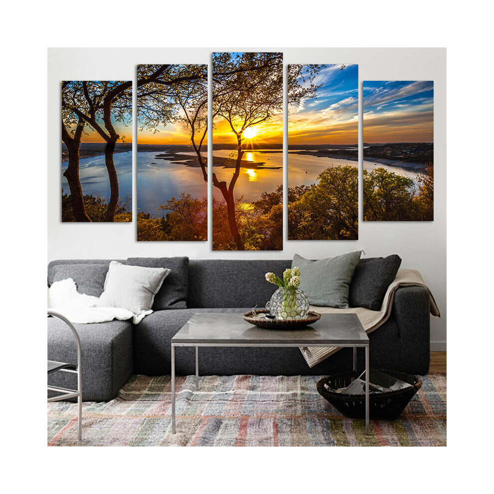 5 Panel Canvas Painting Sunset Lake Tree Seascape Landscape Poster Paintings Wall Art Decor Picture