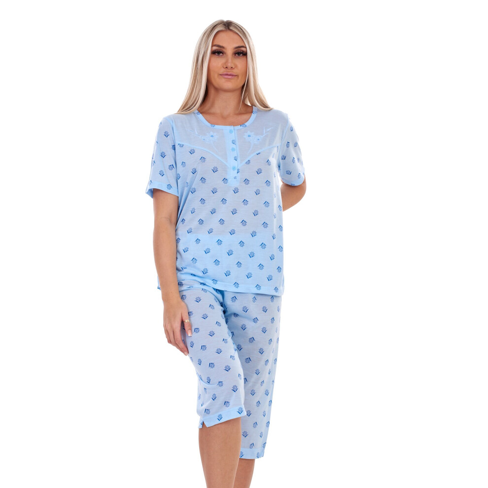 (Blue, XXL) Malay Ladies Capri Pyjama Set Floral Printed Crew Neck Buttons Cropped PJs M to XXL