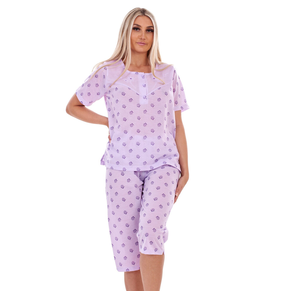 (Lavender, XXL) Malay Ladies Capri Pyjama Set Floral Printed Crew Neck Buttons Cropped PJs M to XXL