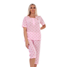 (Pink, L) Malay Ladies Capri Pyjama Set Floral Printed Crew Neck Buttons Cropped PJs M to XXL