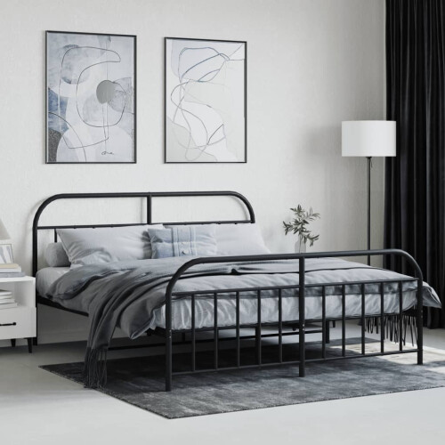 Modern Metal Bed Frame with Headboard and Footboard Black 160x200 cm on