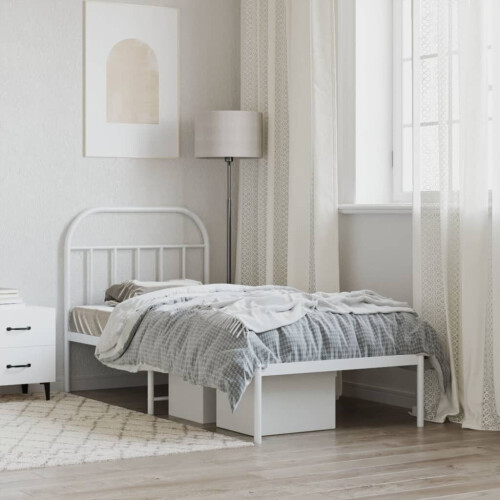 vidaXL Metal Bed Frame with Headboard Bed Base Bedstead White 90x190 cm Single 2