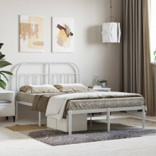 vidaXL White Powder-Coated Metal Bed Frame with Headboard 120x190 cm | Sturdy, Space-Saving Small Double