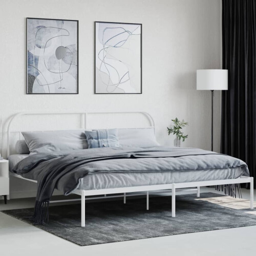 vidaXL Metal Bed Frame Mattress Foundation with Headboard White 200x200 cm 2