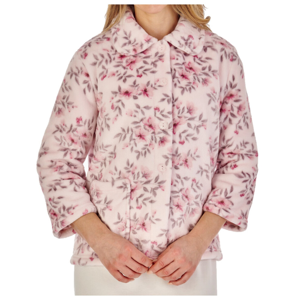 (Pink, Medium - UK 12/14) Slenderella Ladies Floral Flannel Fleece Button Front Bed Jacket